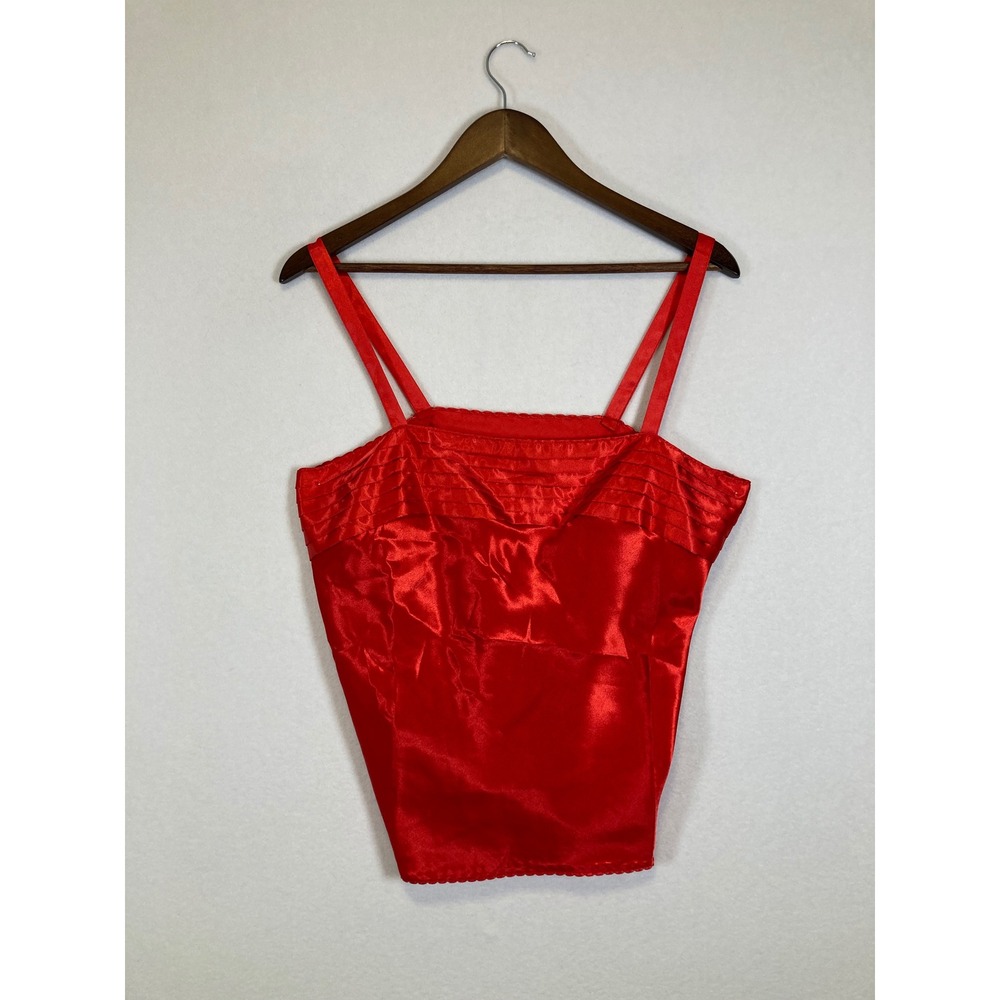 Bodychic Satin Camisole Top Womens Large Red Pleated Bust Scalloped Hem Vintage